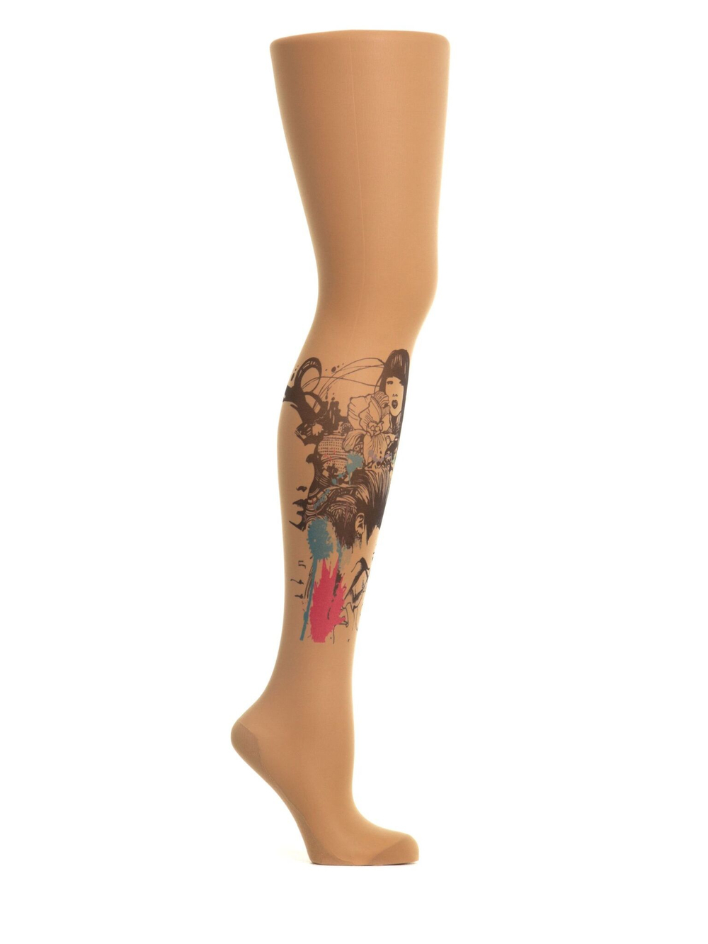 Колготки с принтом-татуировкой на правой ножке (Размер: S-M-L) (Цвет: бежевый)