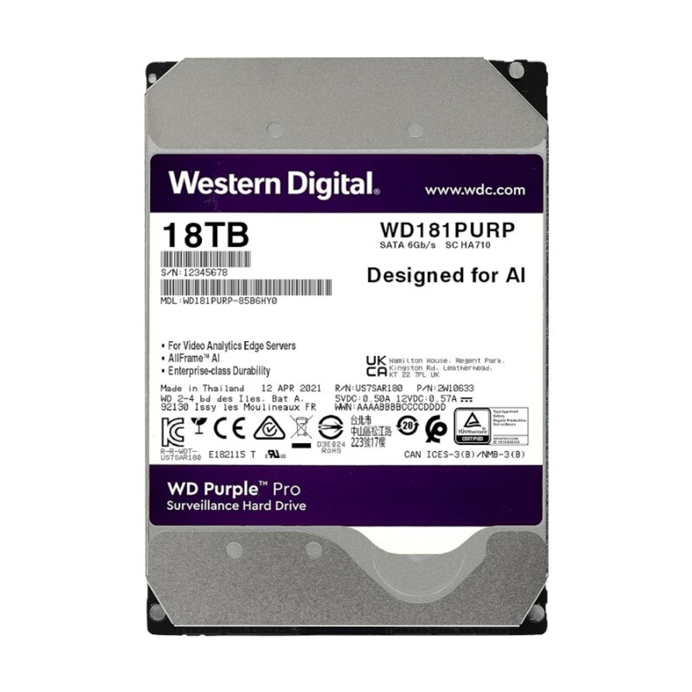 Жесткий диск Western Digital Purple Pro HDD 3.5" SATA 18Tb, 7200 rpm, 512MB buffer (DV&NVR + AI), CMR, WD181PURP
