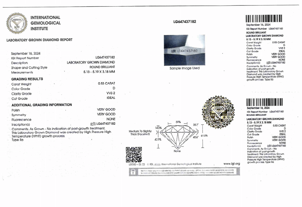Лабораторно-выращенный бриллиант Кр-57 5.13-5.19 мм D/VVS2 0.53 ct