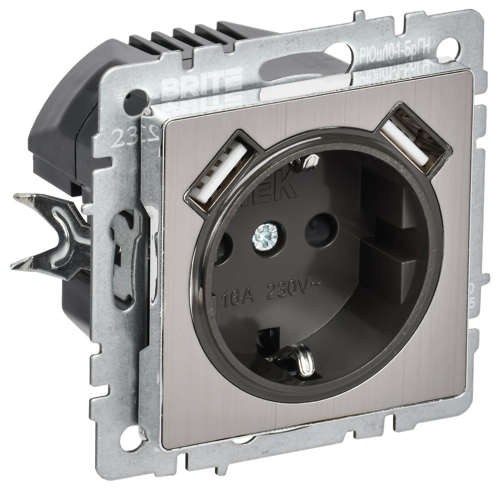 BRITE Розетка 1-местная с заземлением с защитными шторками 16А с USB A+A 5В 2,1А РЮш10-1-БрГН металл хром/никель IEK