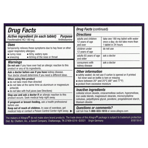 Allegra, Allergy 24 HR, не вызывает сонливость, 180 мг, 40 таблеток