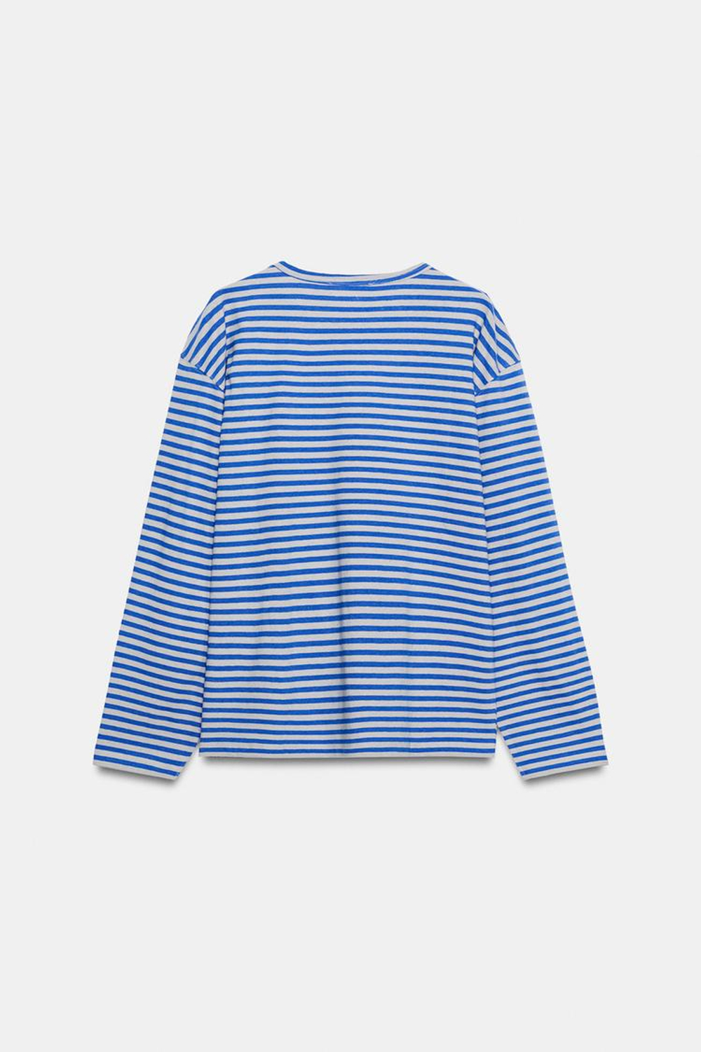 ZARA ФУТБОЛКА В ПОЛОСКУ ИЗ ХЛОПКА И ЛЬНА, СЕРЫЙ/СИНИЙ