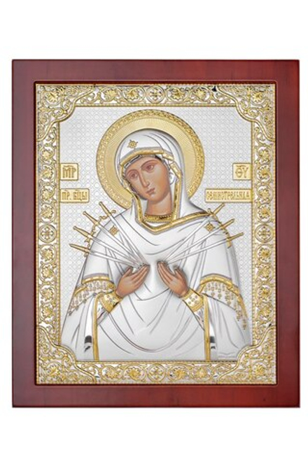 Семистрельная БМ, икона прямоугольная с рамкой, красное дерево 185х235