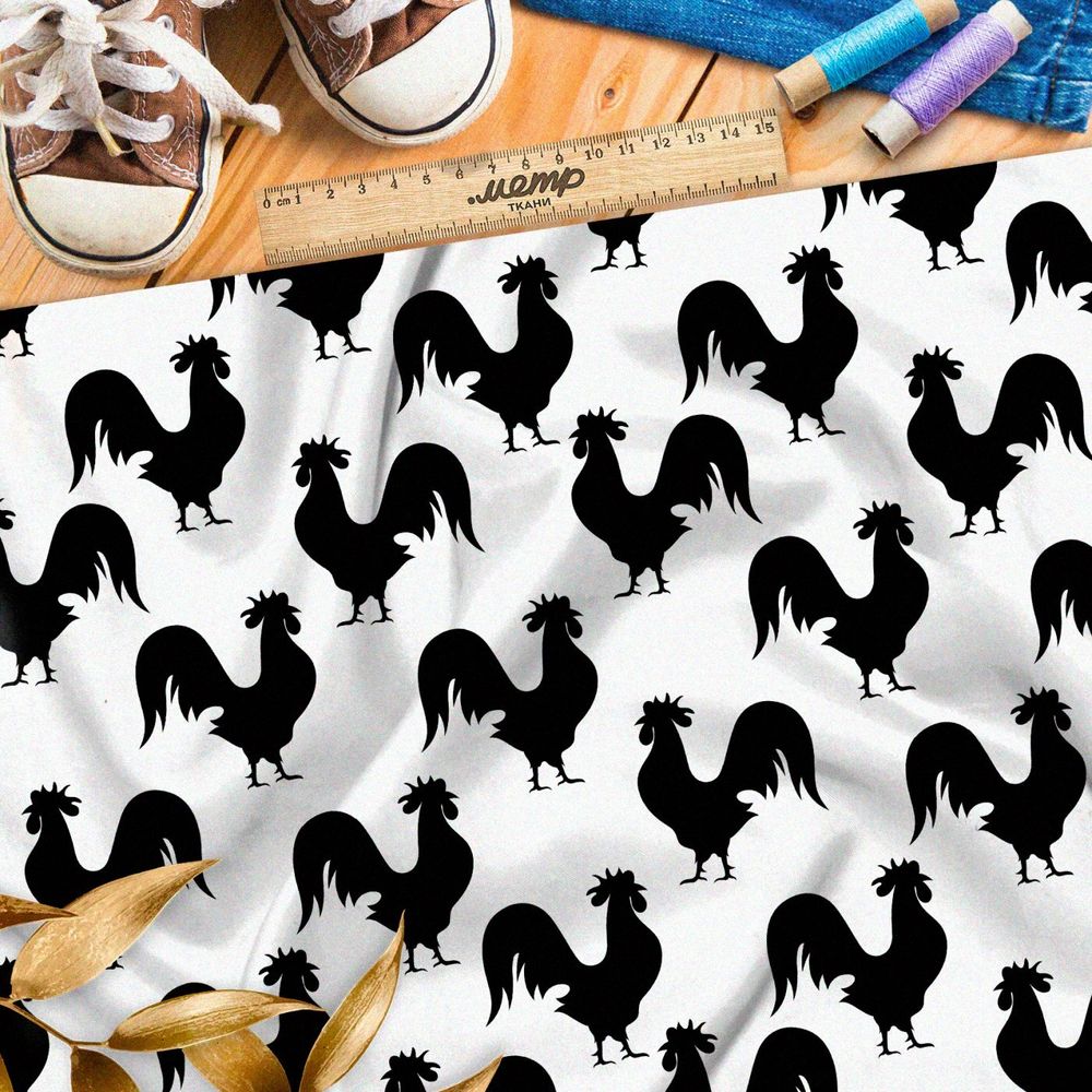Ткань премиум Оксфорд 600D силуэты петухов на белом