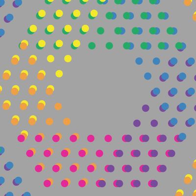 Радужные гексагоны из цветных  точек на сером фоне
