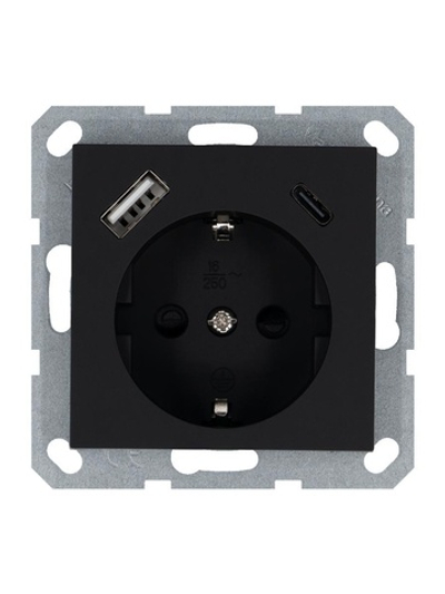 Розетка Shuko 16А с заземл. защ. шторки с 2-мя заряд. устройствами USB тип A+C 25Вт механизм черн. матов. soft touch Jasmart G5501USB-25PB