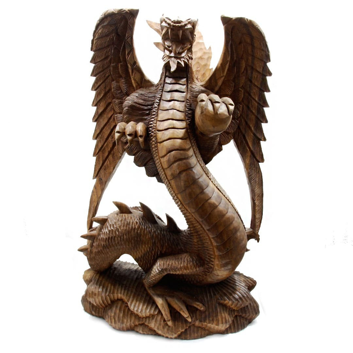 Статуэтка Дракон с крыльями символ достатка и благополучия дерево тик, 80 см