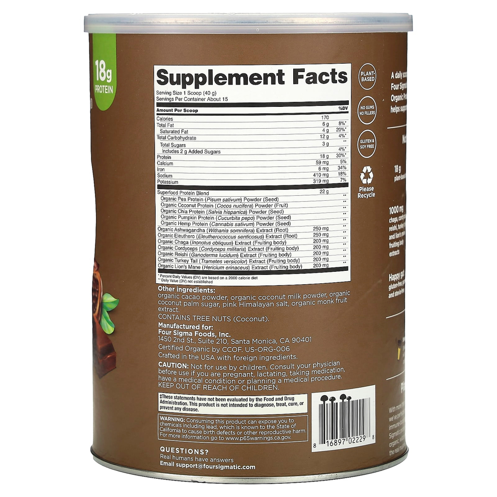 Four Sigmatic, органический растительный протеин с грибами и адаптогенами, со вкусом какао, 600 г (1,32 фунта)