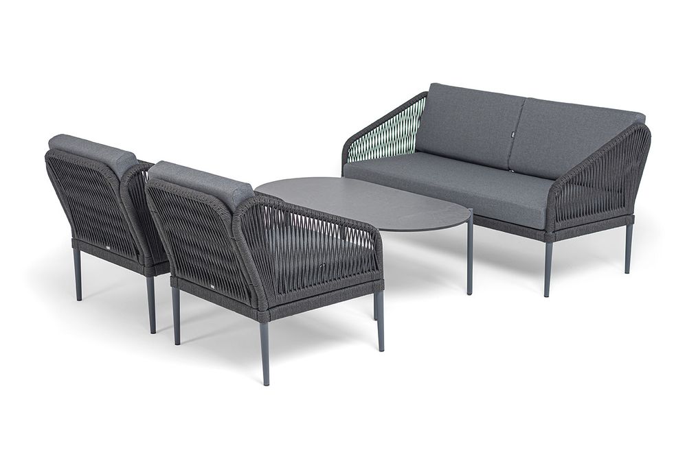 "Канны" лаунж-зона 4-местная (разборная) из роупа со столиком "Диего" цвета "серый гранит", роуп темно-серый круглый, ткань темно-серая