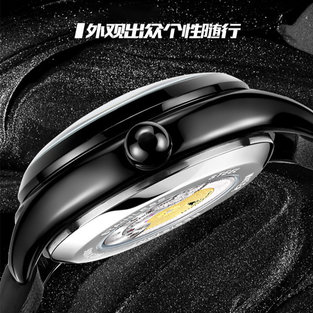 KANGOL Automatic Mechanical Movement Genuine Leather Strap Watch Men"s Watches Skeleton Dial K102 WZF186 BLACK