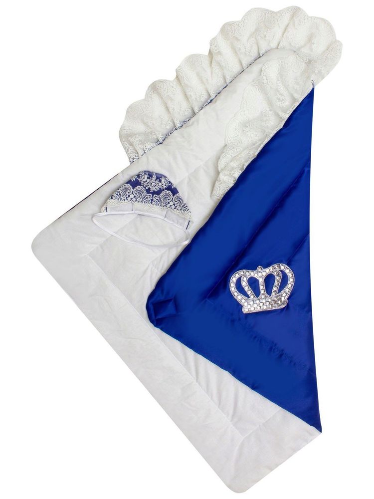 Зимний конверт-одеяло на выписку &quot;Империя&quot; синий с молочным кружевом и большой короной на липучке без пледа