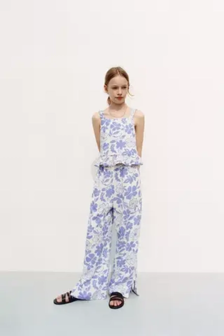 ZARA ТОП ИЗ СМЕСОВОГО ЛЬНА С ПРИНТОМ, ЭКРЮ/СИНИЙ