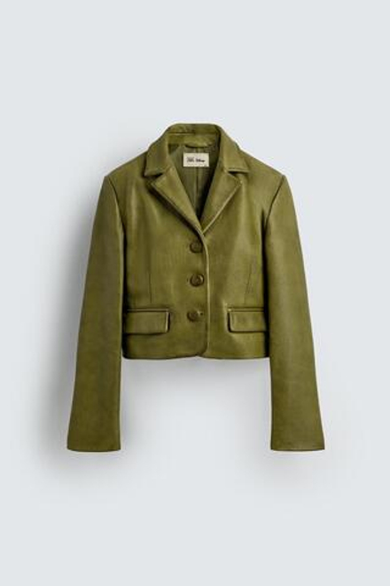 ZARA HARRY LAMBERT X DISNEY УКОРОЧЕННЫЙ БЛЕЙЗЕР ИЗ КОЖИ, ЗЕЛЕНЫЙ