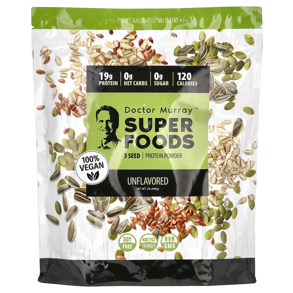 Dr. Murray's, Super Foods, порошок из 3 видов протеинов, тыква + лен + подсолнечник, без добавок, 908 г (2 фунта)