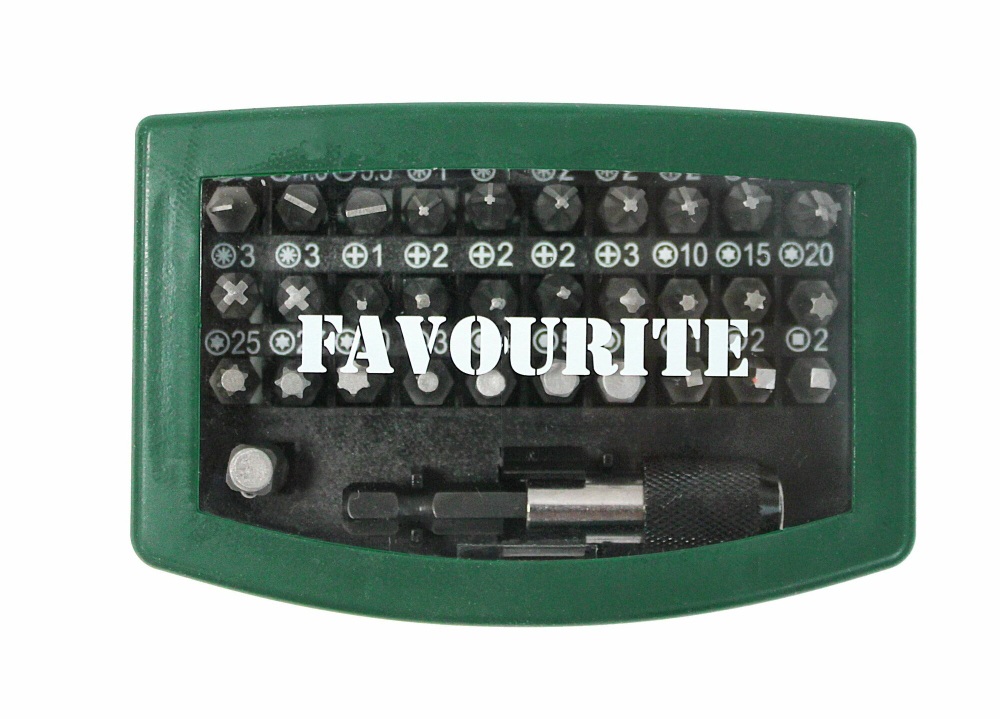 Биты для шуруповертов FAVOURITE FAV 32 SETS , в кейсе 32 предмета: 30 бит (25 мм), переходник для торцевых головок (25 мм), адаптер с быстрозаж. патрон. 60 мм.
