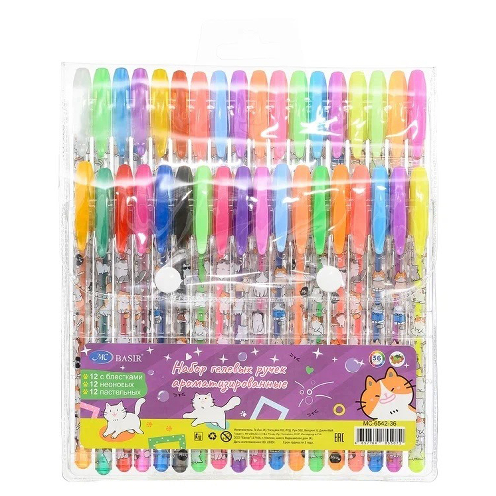 Ручка гелевая, Basir, цветные чернила, серия "Коты", ароматизированная с блёстками, 36 шт