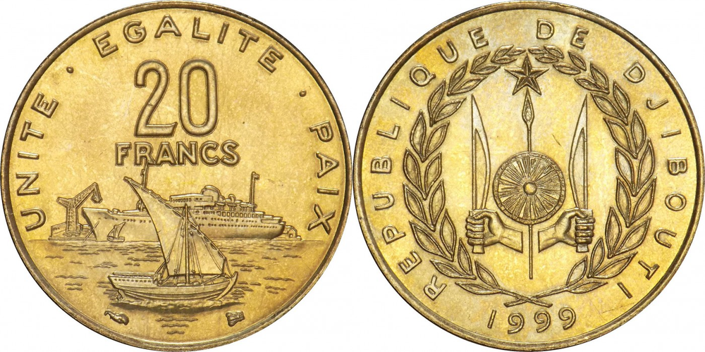 Джибути 20 франков, 1977 - 2025 Дау XF
