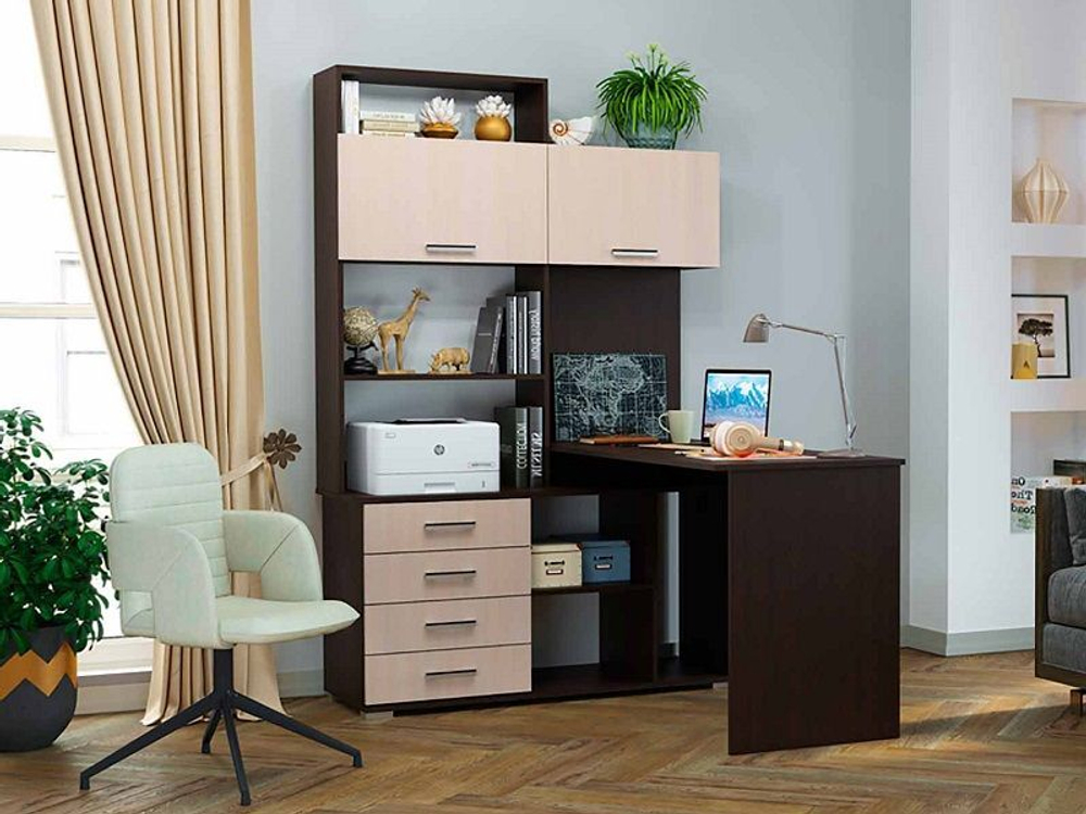 Стол компьютерный угловой с ящиками Крафт Белый, ПКС-11, 138,4х57х187 см Памир