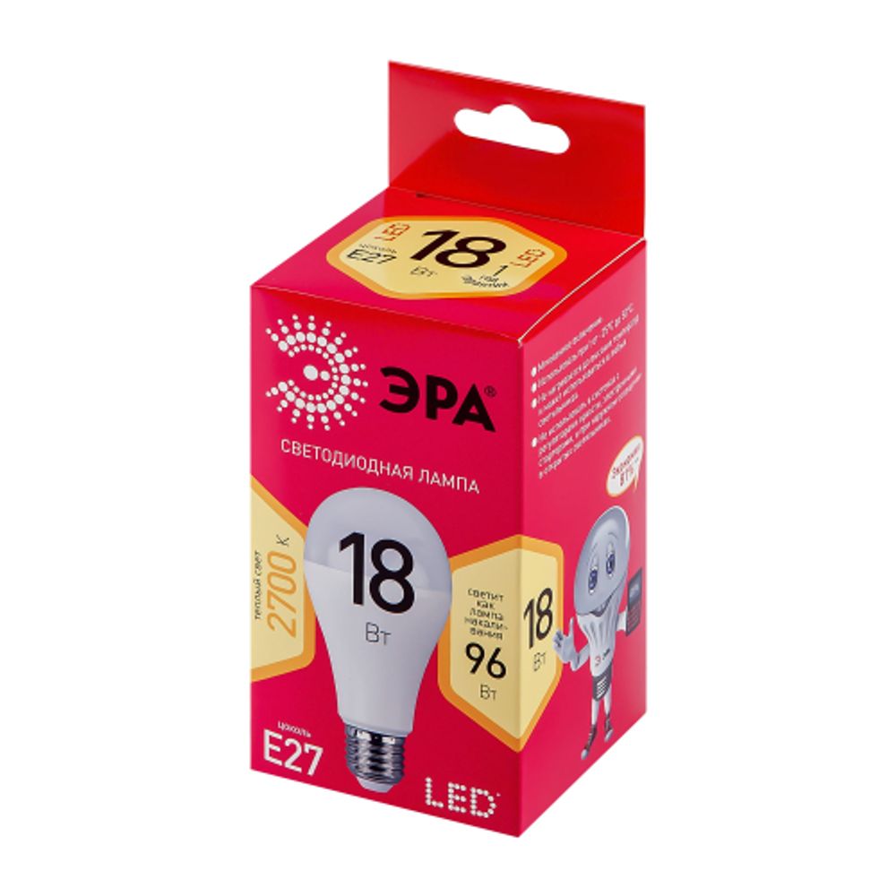 Лампочка светодиодная ЭРА RED LINE LED A65-18W-827-E27 R Е27 / E27 18 Вт груша теплый белый свет | Лампы cветодиодные Груша (A)
