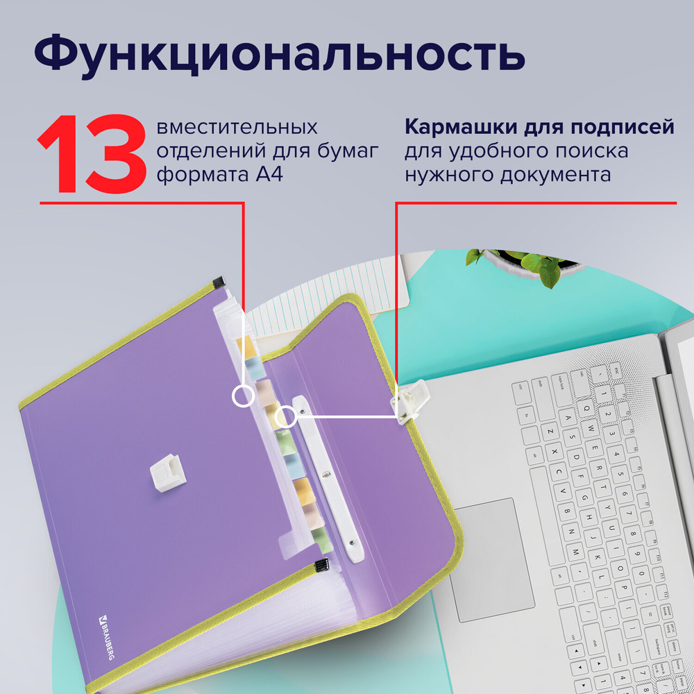 Папка-портфель пластиковая BRAUBERG "JOY" А4 (330х245х35 мм) 13 отделений с окантовкой фиолетовая (2 штуки в упаковке)