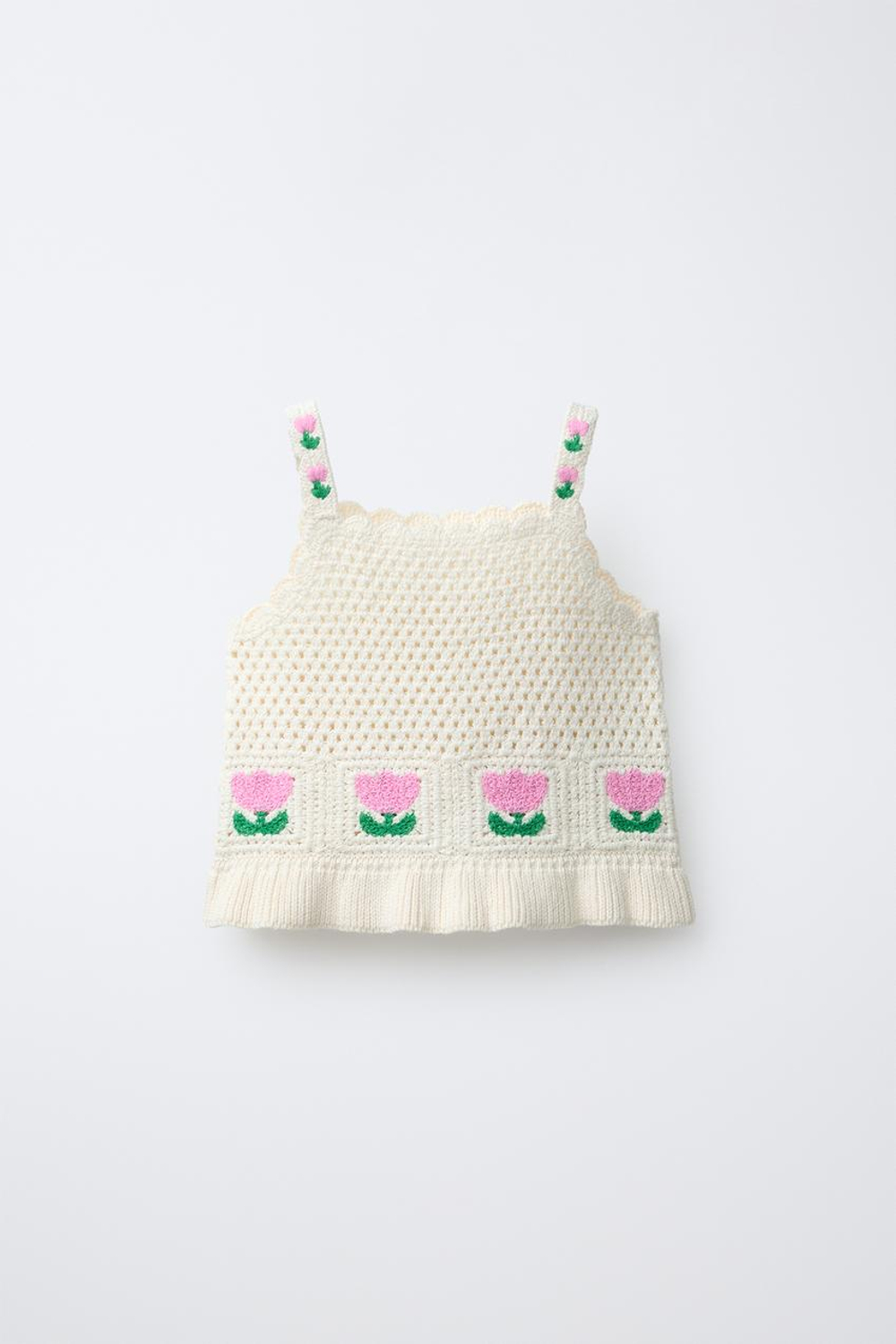 ZARA ТОП ИЗ КРУЖЕВА КРОШЕ С ЦВЕТОЧНЫМ УЗОРОМ, ЭКРЮ