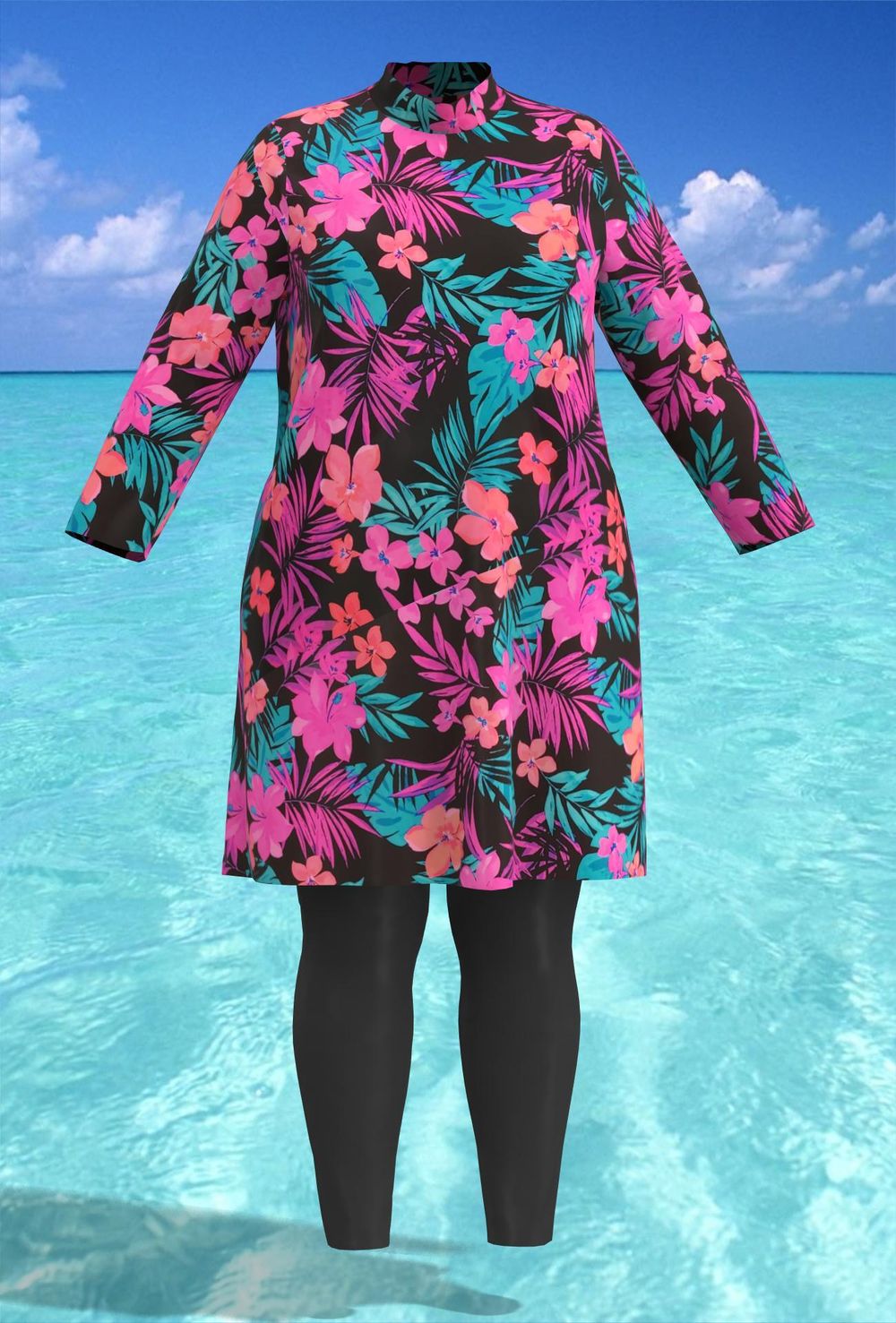 Купальный костюм 17260-17258 розовые цветы на черном