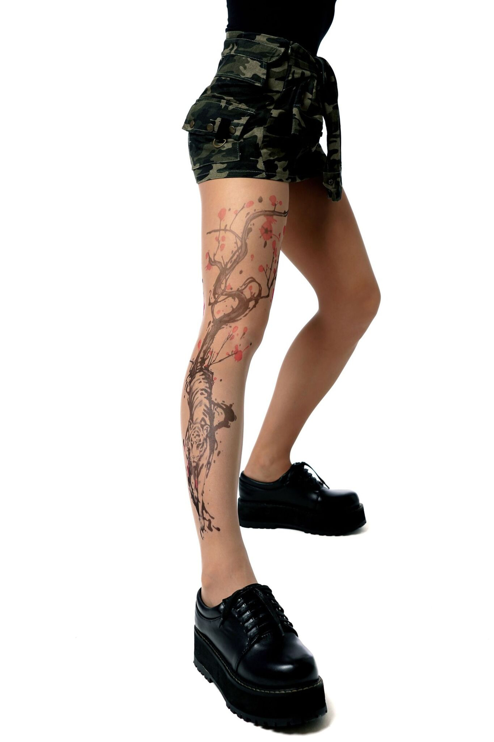 Колготки с принтом в виде крадущегося тигра (Размер: S-M-L) (Цвет: бежевый)