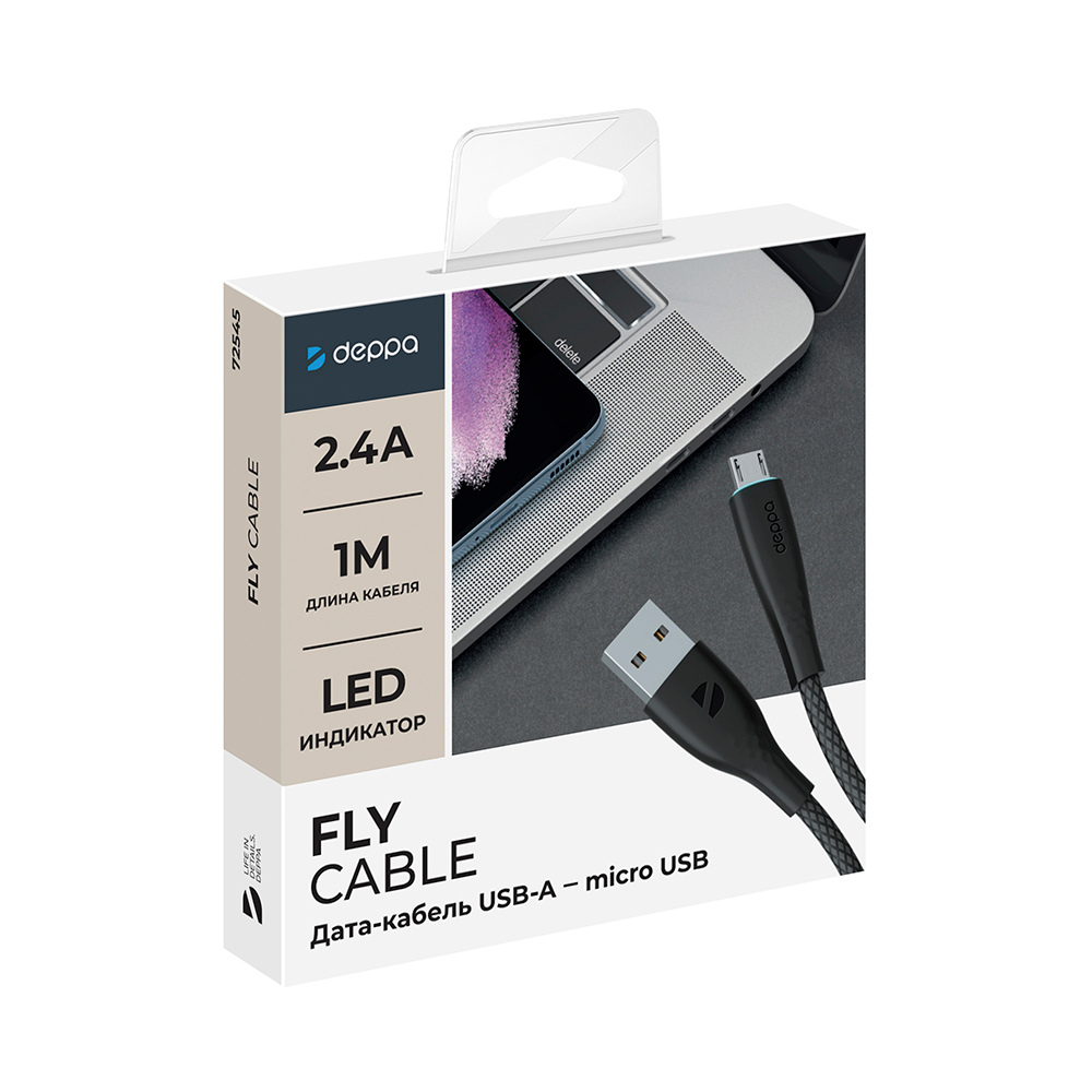 Дата-кабель Fly USB - micro USB, 1м, 2.4A, черный