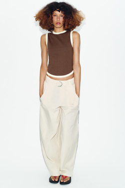 ZARA ФУТБОЛКА С КОНТРАСТНЫМИ ПОЛОСАМИ, КОРИЧНЕВЫЙ