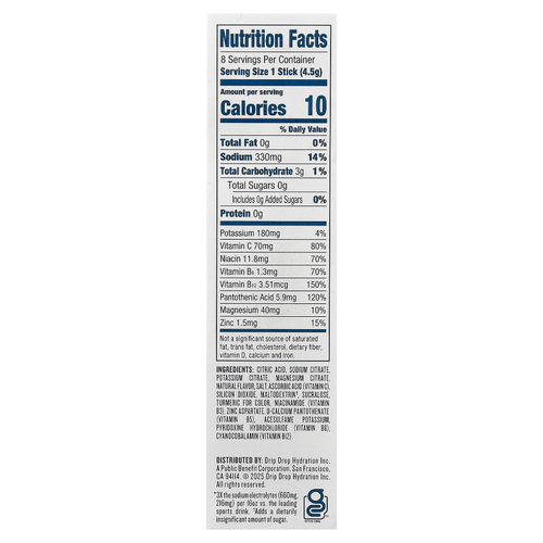 DripDrop, Electrolyte Drink Mix, Zero Sugar, Lemon Lime, 8 Sticks, 0.16 oz (4.5 g) Each
