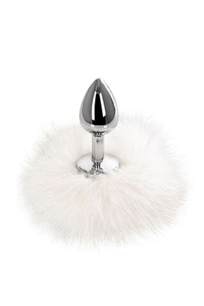 Серебристая анальная втулка с белым заячьим хвостом (Цвет: белый)