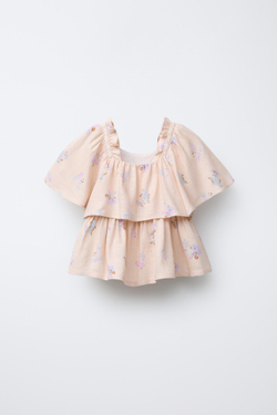 ZARA БЛУЗА ИЗ СМЕСОВОГО ЛЬНА С ВОЛАНАМИ, ПЕРСИКОВЫЙ