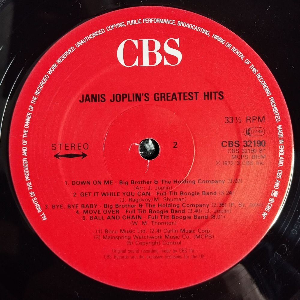 Винтажная виниловая пластинка LP Janis Joplin Greatest Hits (UK 1982)