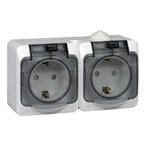 Schneider Electric ЭТЮД Белый Розетка 2-местная с зазем. контактами со шторками с крышкой IP44 откр. установка (код.71888)