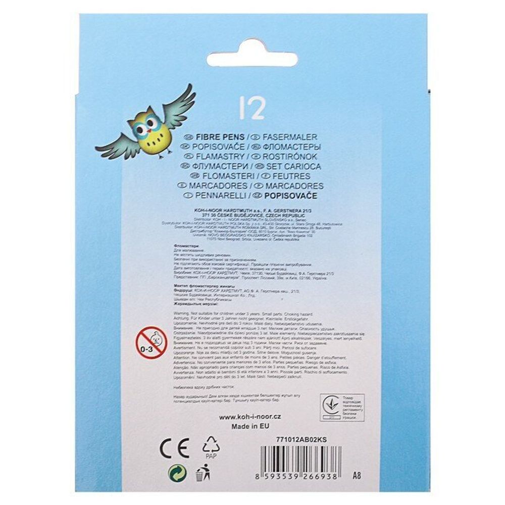 Фломастеры KOH-I-NOOR "Совы", 12 цветов, смываемые, трехгранные, картонная упаковка, европодвес, 771012AB02KS