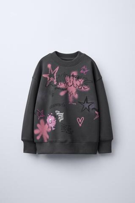 ZARA ТОЛСТОВКА С ПРИНТОМ «ГРАФФИТИ», АНТРАЦИТОВО-СЕРЫЙ