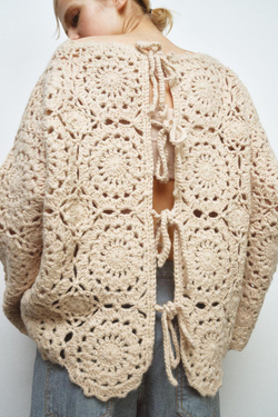 ZARA СВИТЕР ИЗ КРУЖЕВА КРОШЕ, КРЕМОВЫЙ