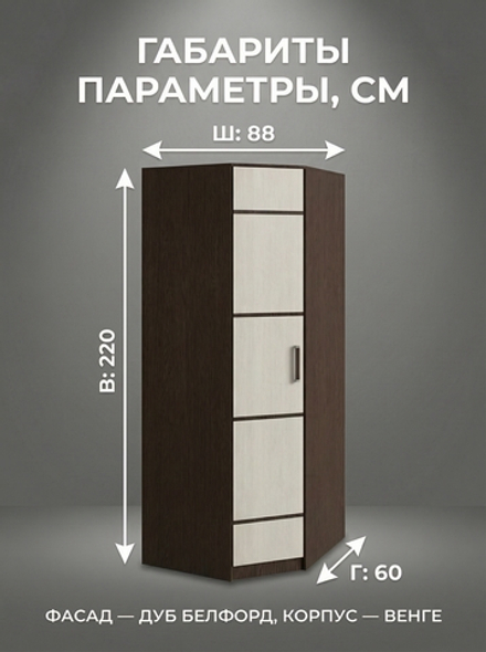 Шкаф Лотос угловой 88х220х60 см с полками и штангой компактный