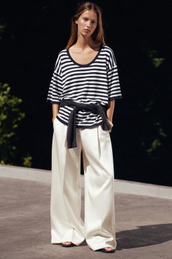 ZARA ТРИКОТАЖНЫЙ ТОП ОВЕРСАЙЗ С КОРОТКИМИ РУКАВАМИ, ТЕМНО-СИНИЙ/БЕЛЫЙ