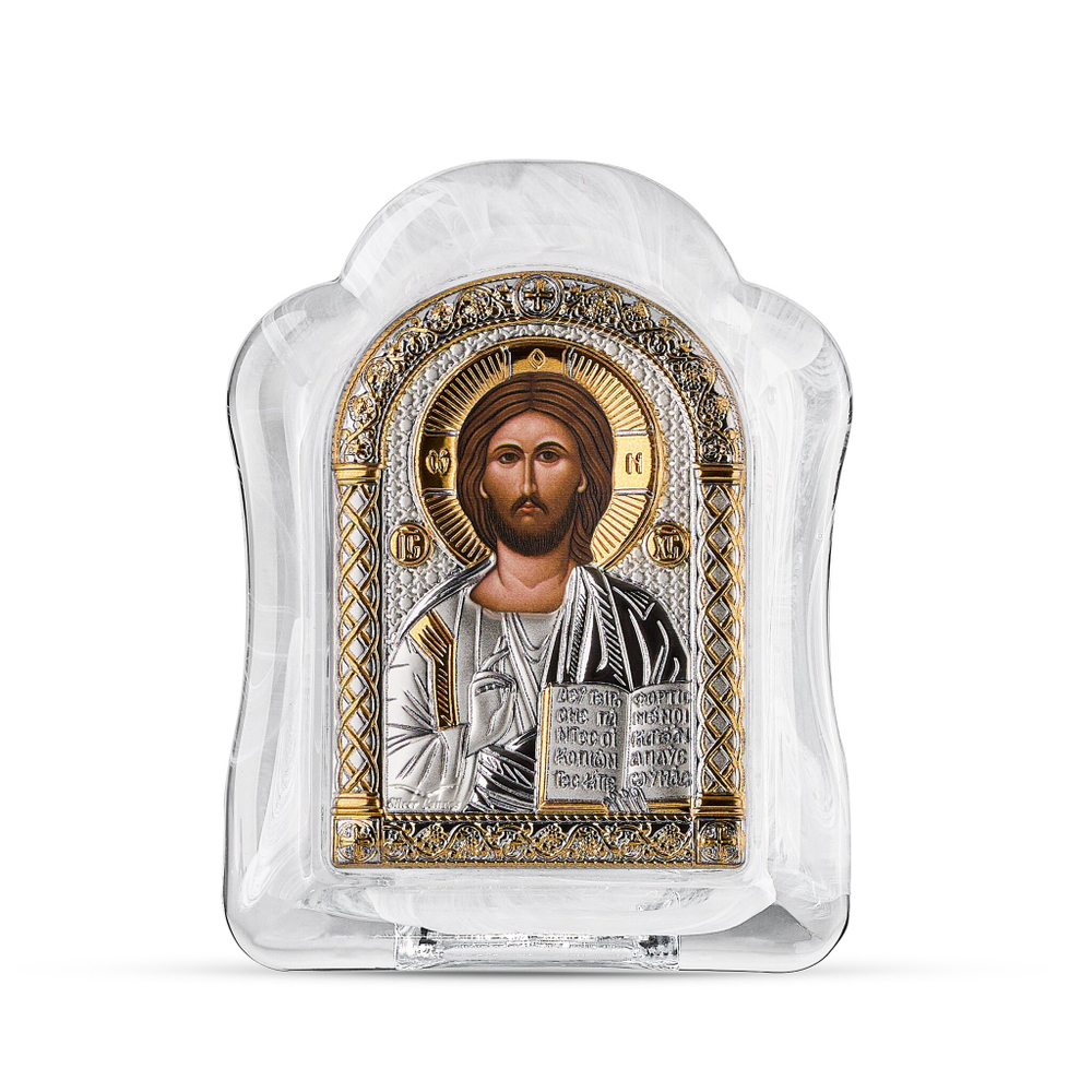 Спаситель, икона арочная, белое муранское стекло 86х112