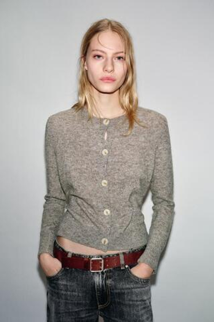 ZARА КАРДИГАН ИЗ КОМБИНИРОВАННОЙ ТКАНИ С ПОЯСОМ, СЕРЫЙ МЕЛАНЖ