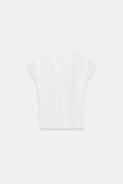 ZARA ХЛОПКОВАЯ ФУТБОЛКА С V-ОБРАЗНЫМ ВЫРЕЗОМ, БЕЛЫЙ