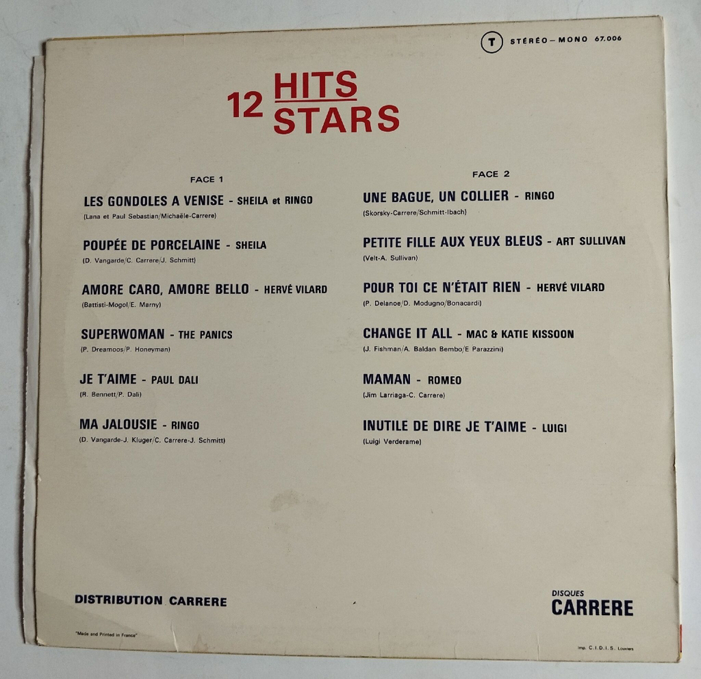 Винтажная виниловая пластинка LP Сборник 12 Hits 12 Stars (France 1983)
