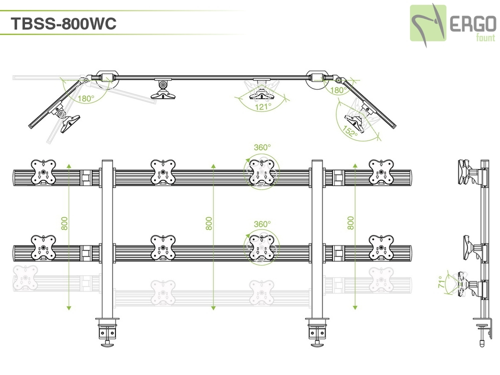 ErgoFount TBSS-800WC Настольное крепление для 8 мониторов диагональю до 24'' конфигурации 2х4 с зажимом к столу типа "С". Цвет - серебристый