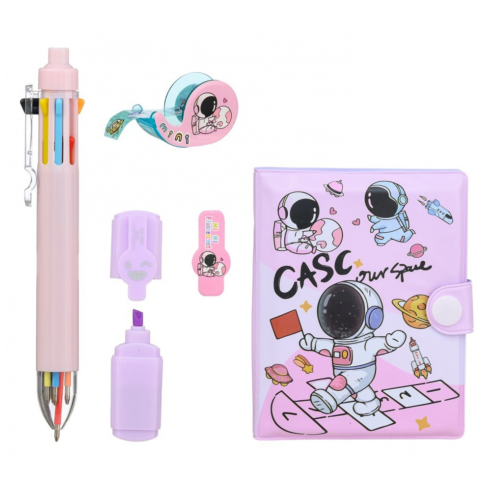 Канцелярский набор Basir с цветным текстовыделителем, 8-ми цветной ручкой, скотчем и блокнотом, серия "Космос", ассорти, 19.7*11 см