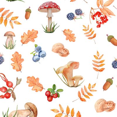 Seamless pattern with hand-painted watercolor autumn leaves, branches, nuts, acorns, mushrooms and berries, inspired by the forest. The floral background is ideal for textile textiles, vintage paper or scrapbooking.