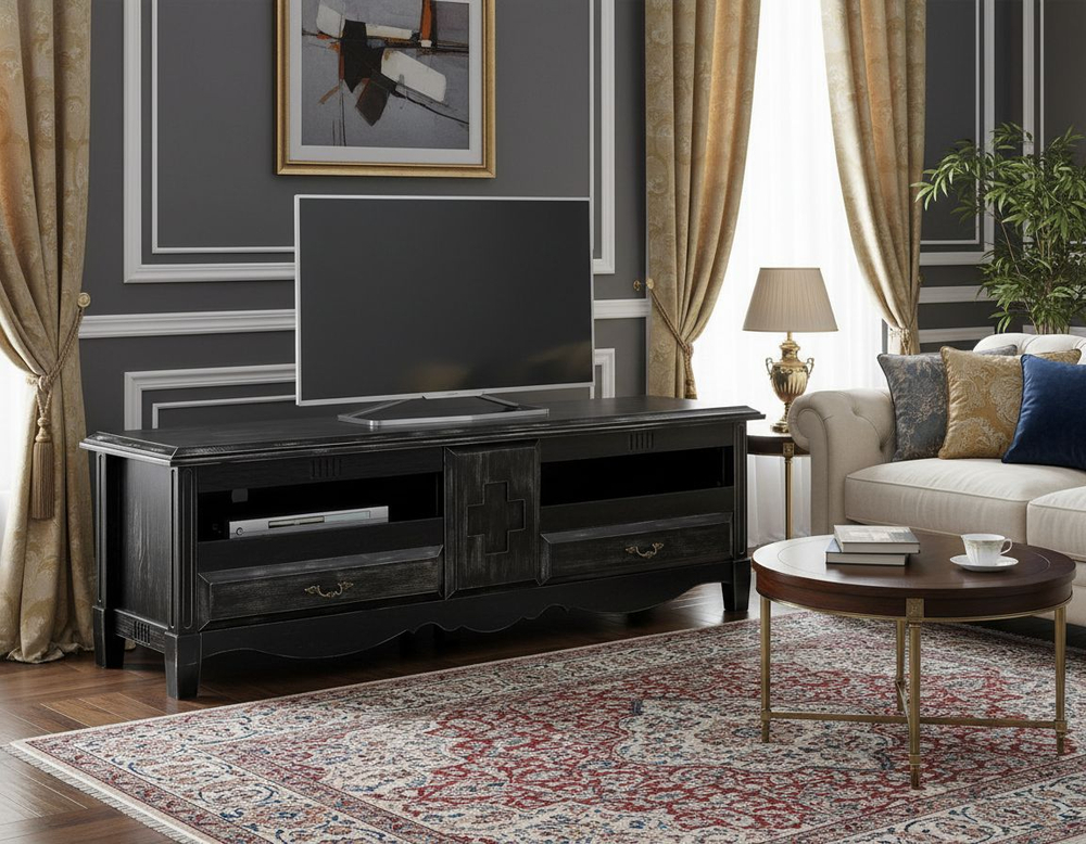 Тумба под телевизор 180х49х56, Эден, в премиальном исполнении, под ТВ, массив сосны, цвет состаренный черный, MAKOSA