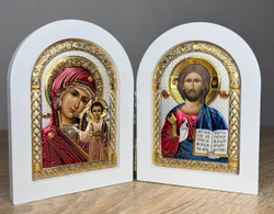 Складень, Спаситель, Казанская БМ, икона арочная, белое дерево, эмаль 230x360