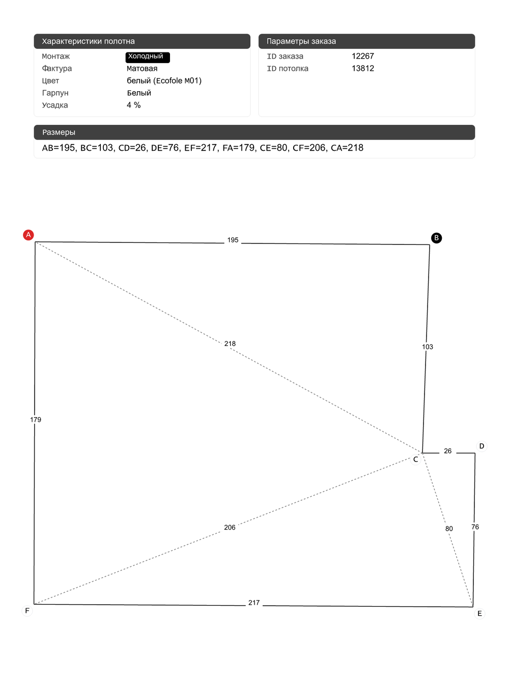 Матовый натяжной потолок 3.6 м2