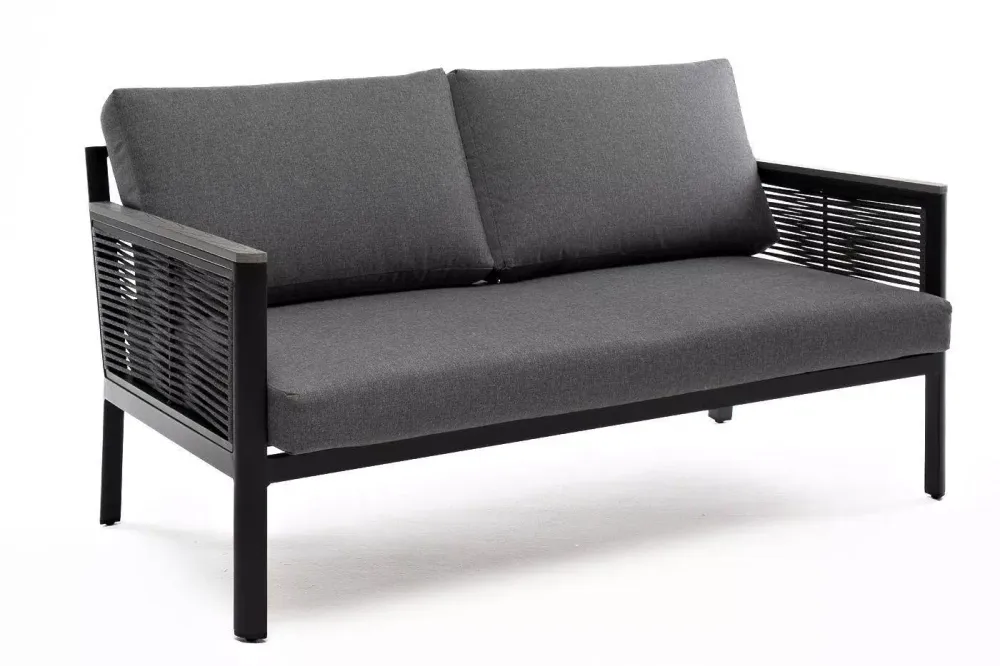 "Сан Ремо" диван 2-местный плетеный из роупа, каркас алюминий темно-серый, роуп серый, ткань серая